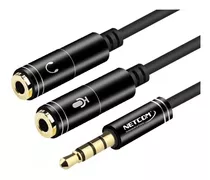 Cable Adaptador Mini Plug De 1 Jack 3.5 Mm Macho A 2 Jack 3.5 Mm Hembras Netcom Negro De 5cm