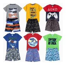 Kit 8 Peças De Roupa Infantil Masculino 4 Camisas + 4 Shorts