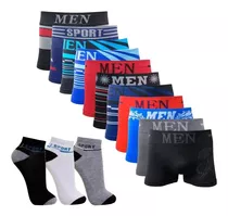 Kit 10 Cuecas Boxer Adulto + 12 Pares Meias