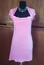 Vestido Corto Rosa Elastizado Escote Y Mangas Originales L