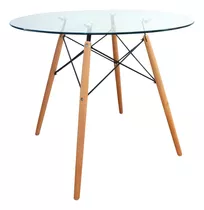 Mesa Dkr Tipo Eames Redonda Tapa De Vidrio Tapa Traslúcido Patas Madera