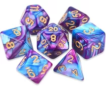 Dados Rpg Conjunto Com Sete - Roxo Com Azul C/ N° Dourado