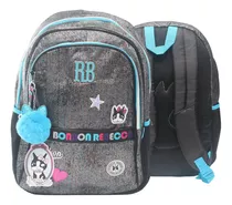 Mochila Rebecca Bonbon Escolar Azul Brilhosa E Pompom Clio Cor Cinza E Detalhes Em Azul