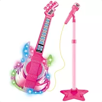Brinquedo Guitarra Infantil Microfone Pedestal Karaoke Rosa