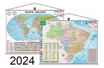 Mapa Brasil + Mundi Banner Moldura Laminado Gigante Politico