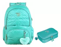 Kit Escolar Capricho Love Verde-água Mochila Costas + Estojo