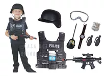 Kit Infantil Conjunto Policial Com Colete E Arma+acessórios