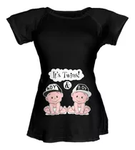 Blusa Para Embarazo Ranglan Negra Gemelos Gorras Con Nombre