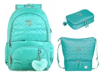 Kit Capricho Love Verde-água Mochila + Lancheira + Estojo