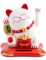 Lucky And Fortune Cat Maneki Neko, Energía Solar Decorativa, Color Blanco Y Rojo