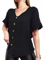 Camisa Lino Mujer Manga Corta Escote V Lisa Dama Botones