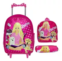 Kit Mochila Infantil Escolar Feminina Barbie Passeio Rodinha