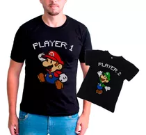 Kit Pai E Filho Camisetas Mario E Luigi Play 1 Play 2 Jogo