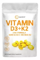 Vitamina D3 + K2 Mk7 5000iu 100mcg 300 Capsulas Blandas Usa
