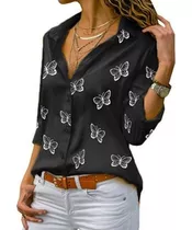 Blusa De Manga Larga Con Cuello En V Y Estampado De Maripos