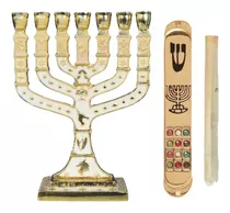 Menorah Candelabro Branco/ouro 11,5cm+ Mezuzah 12 Tribos 8cm