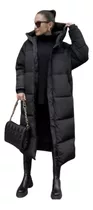 Campera Puffer Negra Larga Mujer Capucha Impermeable 