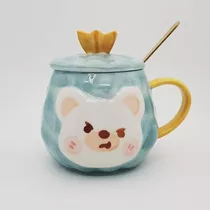 Taza Con Cuchara Diseño De Oso Kawai Decorativa Celeste