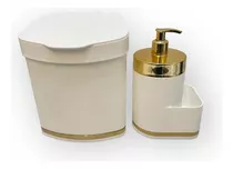 Kit Cozinha Lixeira Porta Detergente Branco C Dourado 2pçs