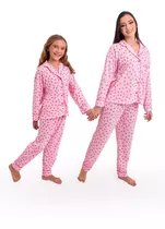 Kit Pijama Inverno Mãe E Filha Americano Longo Malha Botões