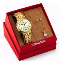 Kit Relogio Feminino Mondaine Dourado Colar Brincos Original 32599lpmkde1k1