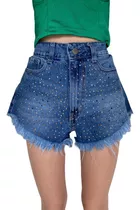 Short Jean Rigido Desflecado Noche Brillo Stras Tacha 36 A42