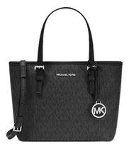 Bolsa Michael Kors Original Jet Set Travel Tote X-small Café Acabado De Los Herrajes Plateado Color Negro Color De La Correa De Hombro Negro Diseño De La Tela Monograma