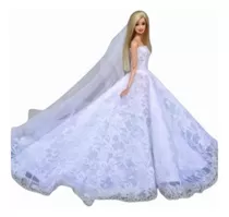 Barbie Ropa Vestido De Novia Encaje Blanco, Cola Y Velo