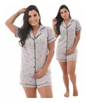 Pijama Feminino Americano Curto Blogueira Aberto Com Botões