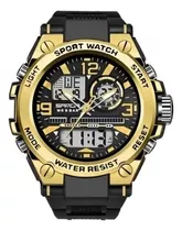 Relógio Masculino Militar Sanda 6024 Shock Prova D`água 5atm Cor Da Correia Preto Cor Do Bisel Dourado Cor Do Fundo Preto