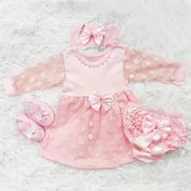 Vestido Batizado Para Bebê Recém Nascido À 6 Meses Kit 4 Pçs