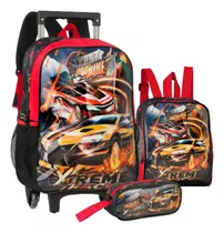 Kit Mochila Rodinha Escolar Infantil Fast Machine Carrinho