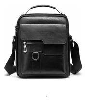 Bolsa Tiracolo Masculina De Couro Mão E Ombro Casual Preta Acambamento Dos Ferragens Metal Cor Preto Correia De Ombro Preto Desenho Do Tecido Liso