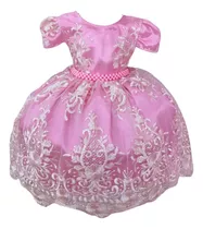 Vestido Infantil Festa Rosa Com Renda Realeza Princesa