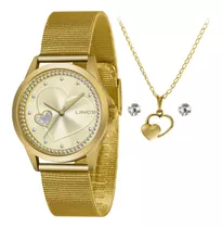 Relogio Dourado Feminino Lince Coração + Brinde