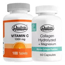 Colágeno Magnesio 60cap + Vitamina C 1000mg 100cap Qualivits Sabor Natural
