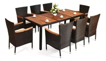 Juego De Comedor De Mimbre Patio Exterior 9pz Madera