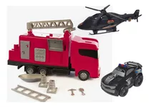 Kit C/3 Brinquedos Caminhão Bombeiro Helicóptero E Carrinho 