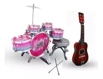 Kit Bateria Infantil 5 Tambores + 1 Prato C/ Banco + Violão