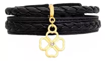 Pulseira Mulher Trevo De 4 Folhas Couro Preto Amuleto Sorte