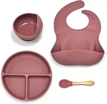 Set De Utensilios Para Bebe De Silicona Babero Plato Cuchara Color Rosa Liso