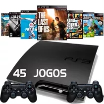 Ps3 Playstation 3 Slim 250gb - 2 Controles - 45 Jogos - Gta5 - The Last Of Us - Call Of Duty - Fifa 19