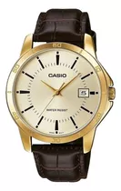 Reloj Pulsera Casio Enticer Mtp-v004 De Cuerpo Color Dorado, Analógico, Para Hombre, Fondo Dorado, Con Correa De Cuero Color Marrón, Agujas Color Dorado, Dial Negro, Minutero/segundero Negro, Bisel Co