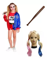 Disfraz Harley Quinn Para Niñas + Bate + Peluca Disfraz Halloween