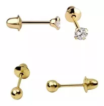 Kit 2pares Brinco Ouro 18k Recem Nascido Bebe Bola+pedra 3mm