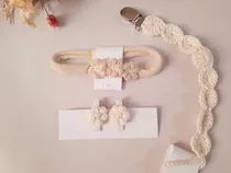 Portachupete + Vincha + Moños Baby Regalo Flores Crochet
