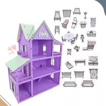  Casinha De Boneca + Kit 30 Moveis Em Mdf Pintado Cor Lilás