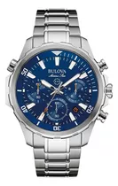 Reloj De Pulsera Bulova Marine Star 96b256 De Cuerpo Color Plateado, Analógico, Para Hombre, Fondo Azul, Con Correa De Acero Inoxidable Color Plateado, Bisel Color Plateado Y Desplegable