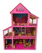 Casinha De Boneca Polly Mdf Pintada C/ Kit 30móveis+brinde