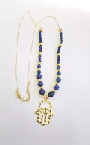 Collar Lapislazuli Mano Fatima En Chapa  Oro 24k Maxicollar